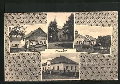 AK Pavlisov, Kirche, Gasthaus am Weiher, Gehöft