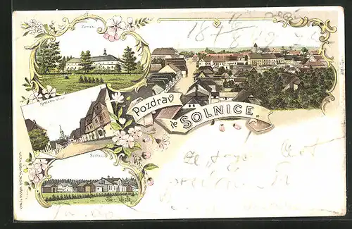 Lithographie Solnice, Kostelni ulice, Zámek, Nádrazi