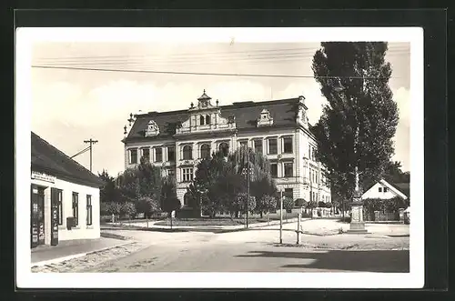 AK Horice v Podkrkonosi, Strassenpartie mit Geschäft und Denkmal