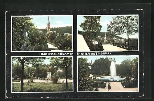 AK Trautenau / Trutnov, Partien im Stadtpark, Brunnen, Kirche, Denkmal