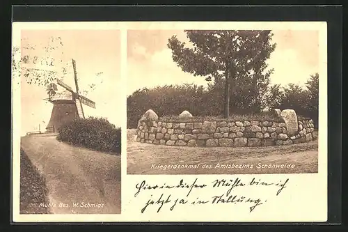 AK Schönweide /Grebin, Windmühle von W. Schmidt, Kriegerdenkmal des Amtsbezirkes