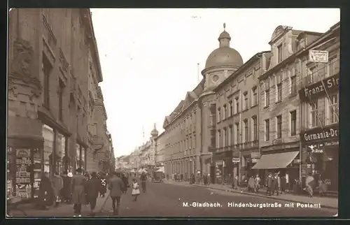 AK Mönchengladbach, Hindenburgstrasse mit Postamt