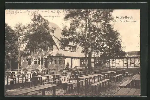 AK Mönchengladbach, Gasthof Städt. Scheibenstand, Aussenansicht mit Garten