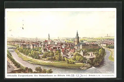 AK Döbeln i. S., Festpostkarte des Heimatfestes 1914, Gesamtansicht der Stadt