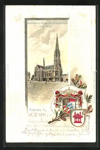 Passepartout-Lithographie Speyer a. R., Gedächtnis-Kirche der Protestation von 1529, Wappen