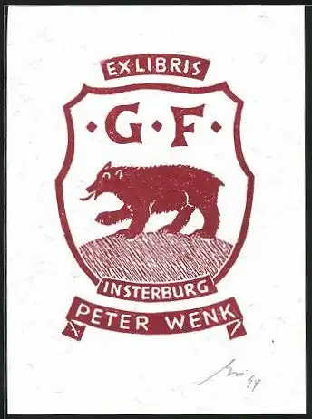 Exlibris Peter Wenk, Insterburg, Wappen mit Bär