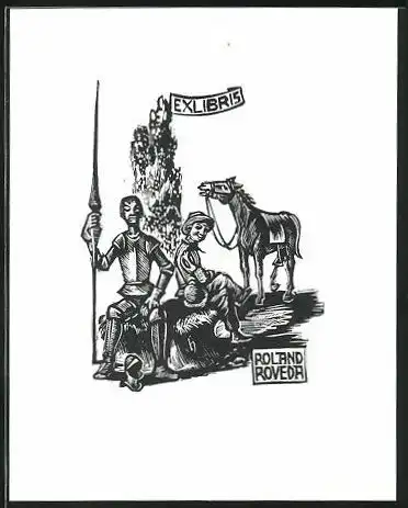 Exlibris Roland Roveda, Ritter mit Langwaffe und Pferd