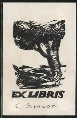 Exlibris C. Smoon, Baum mit Fluss und Landschaft