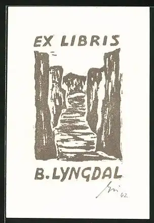 Exlibris B. Lyngdal, Fluss in einer Schlucht
