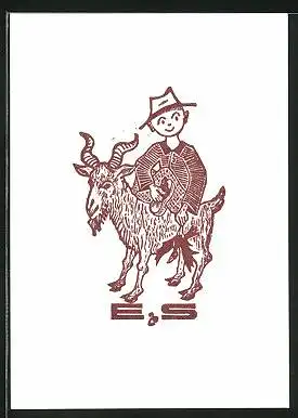 Exlibris E & S, Bauer mit seiner Ziege, Initialien ES