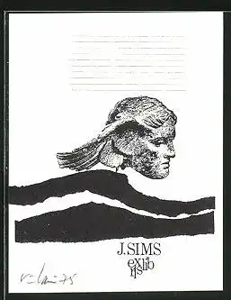 Exlibris J. Sims, grosser Kopf schwebt durch die Luft