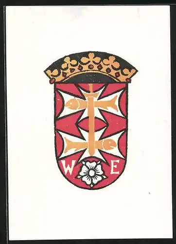 Exlibris Initalien W. E., Wappen mit Krone & Fischen