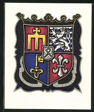 Exlibris von Habere, Wappen mi9t Löwe, Lilie & Schlüssel