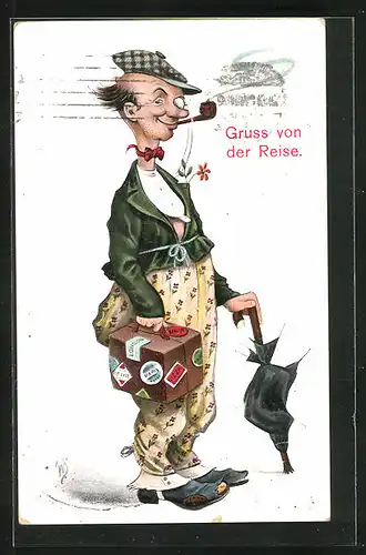 Künstler-AK Willi Scheuermann: Karikatur eines Reisenden