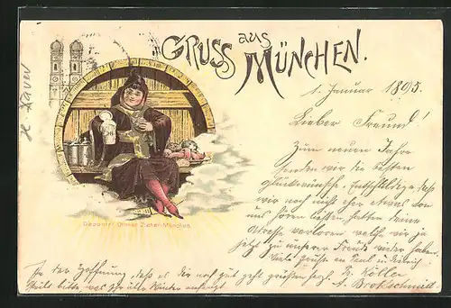 Vorläufer-Lithographie München, 1895, Münchner Kindl vor der Frauenkirche lässt es sich gutgehen