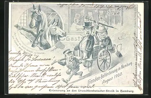 Künstler-AK Hamburg, Streik der Droschkenkutscher, Fremden-Beförderung im August 1902