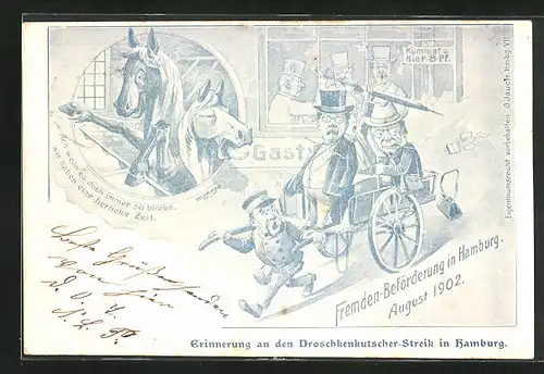 Künstler-AK Hamburg, Streik der Droschkenkutscher, Fremden-Beförderung im August 1902
