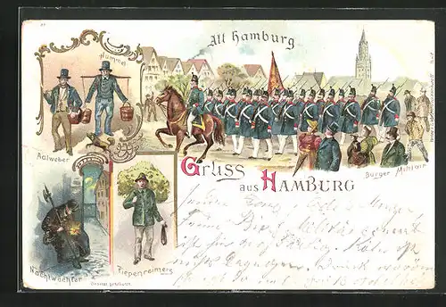 Lithographie Hamburg, Bürger-Militär, Nachtwächter, Piepenreimers, Aalweber und Hummel