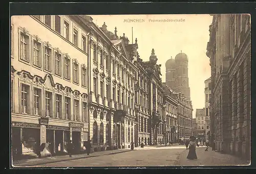 AK München, Promenadenstrasse mit Geschäften