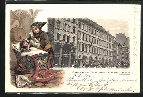 Passepartout-Lithographie München, Gasthaus Pschorrbräu-Bierhallen, Münchner Kindl, Wappen