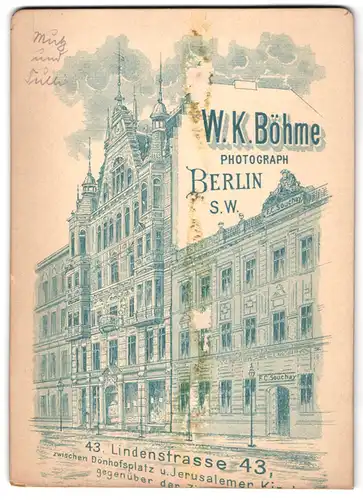 Fotografie W.K. Böhme, Berlin, Ansicht Berlin, Geschäftshaus mit Foto-Atelier Lindenstr. 43
