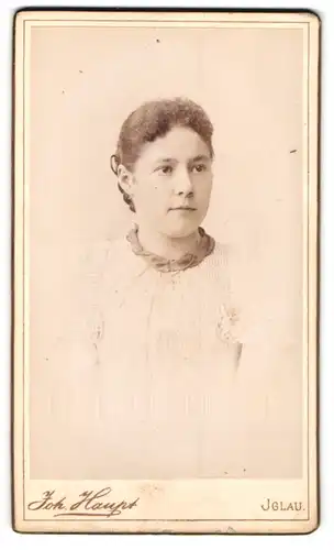 Fotografie Joh. Haupt, Iglau, Tiefegasse 11, Portrait junge Dame in hübscher Kleidung