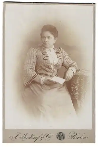 Fotografie A. Jandorf & Co, Berlin-N., Brunnen-Strasse 19-21, Portrait bürgerliche Dame im Kleid mit Buch