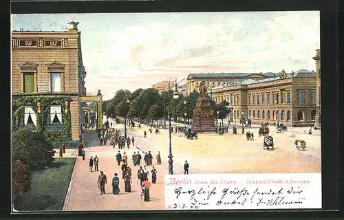 AK Berlin, Unter den Linden mit Denkmal Friedrich d. Grossen