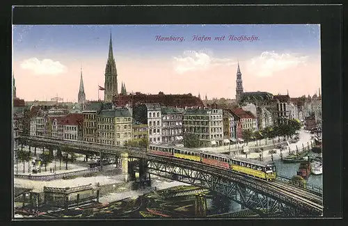 AK Hamburg, Hafen mit Hochbahn am Kajen & Rödingsmarkt