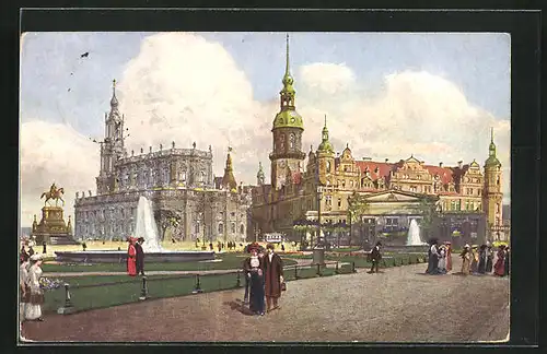 Künstler-AK Dresden, König Johann-Denkmal, Kath. Hofkirche, Kgl. Schloss und Hauptwache