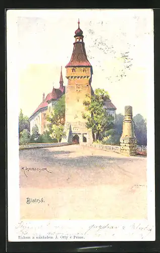 AK Blatná, Kircheneingang mit Brücke