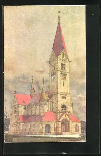 AK Budweis / Ceske Budejovice, neue Kirche des heil. Johann von Nepomuk auf der Linzer Vorstadt