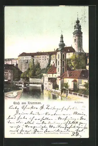 AK Krummau, Schloss mit Ortsansicht aus der Vogelschau