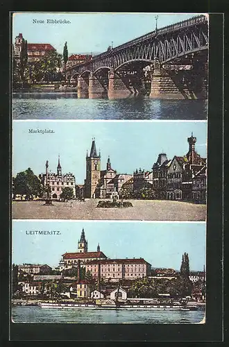 AK Leitmeritz / Litomerice, Neue Elbbrücke, Marktplatz, Ortspartie mit Dampfer