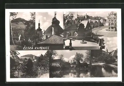 AK Ceska Kamenice, Kirche, Uferpartie, Ortspartie