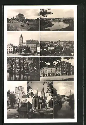 AK Tachov, Kirche, Häuserzeile im Zentrum