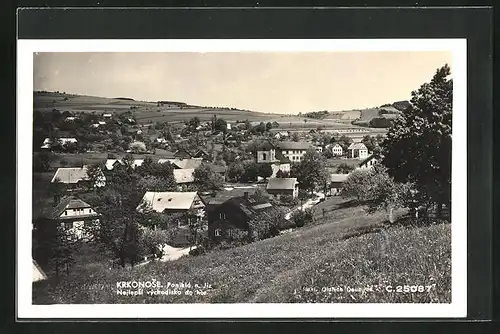 AK Poniklá n. Jiz., Blick von einer Anhöhe auf den Ort