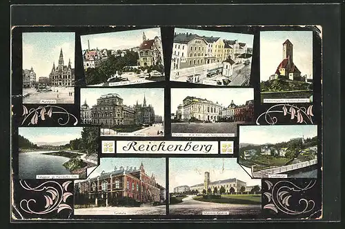 AK Reichenberg / Liberec, Bahnhof, Theater und Rathaus, Turnhalle, Infanterie-Kaserne