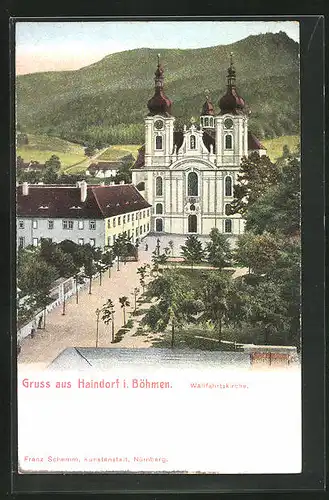 AK Haindorf / Hejnice, Blick zur Wallfahrtskirche