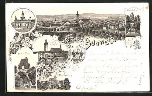 Lithographie Budweis / Ceske Budejovice, Domkirche und Ringplatz, Schloss Frauenberg, Rathaus