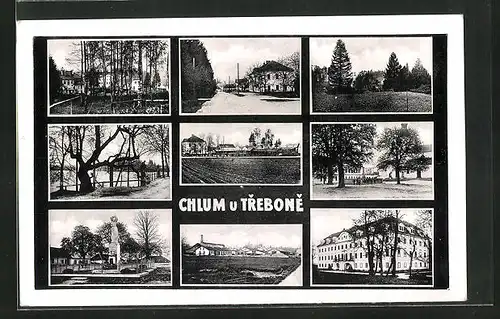 AK Chlum u Trebone, Denkmal im Ort, Strassenpartie, Namesti