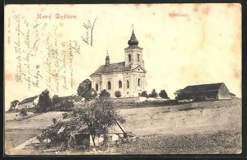 AK Novy Bydzov, Metlicany, Kirche auf dem Hügel