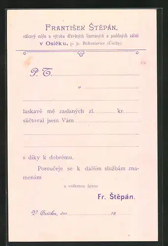 AK Osick, Korrespondenzkarte der Firma Frantisek Stepán