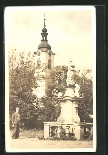 AK Ceske Mezirici, Kostel, Kirche und Heiligenfigur