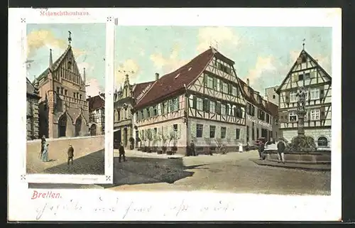 AK Bretten, Strassenpartie mit Hotel Krone, Melanchthonhaus