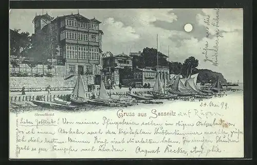 Mondschein-AK Sassnitz, Strandhotel mit Seegelbooten
