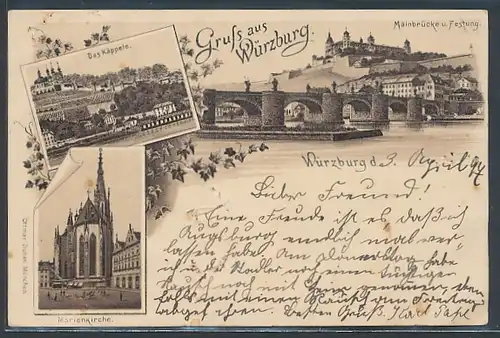 Lithographie Würzburg, Mainbrücke und Festung, Das Käppele, Marienkirche