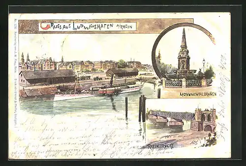 Künstler-AK Ludwigshafen a /Rhein, Teilansicht mit Dampfer, Monumentalbrunne, Rheinbrücke