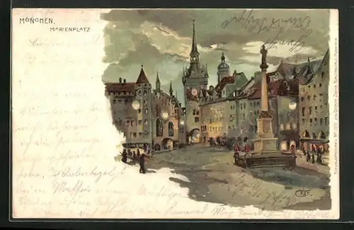 Lithographie München, Marienplatz, Tor mit Uhrturm