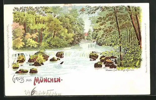 Lithographie München-Schwabing, Wasserfall im englischen Garten